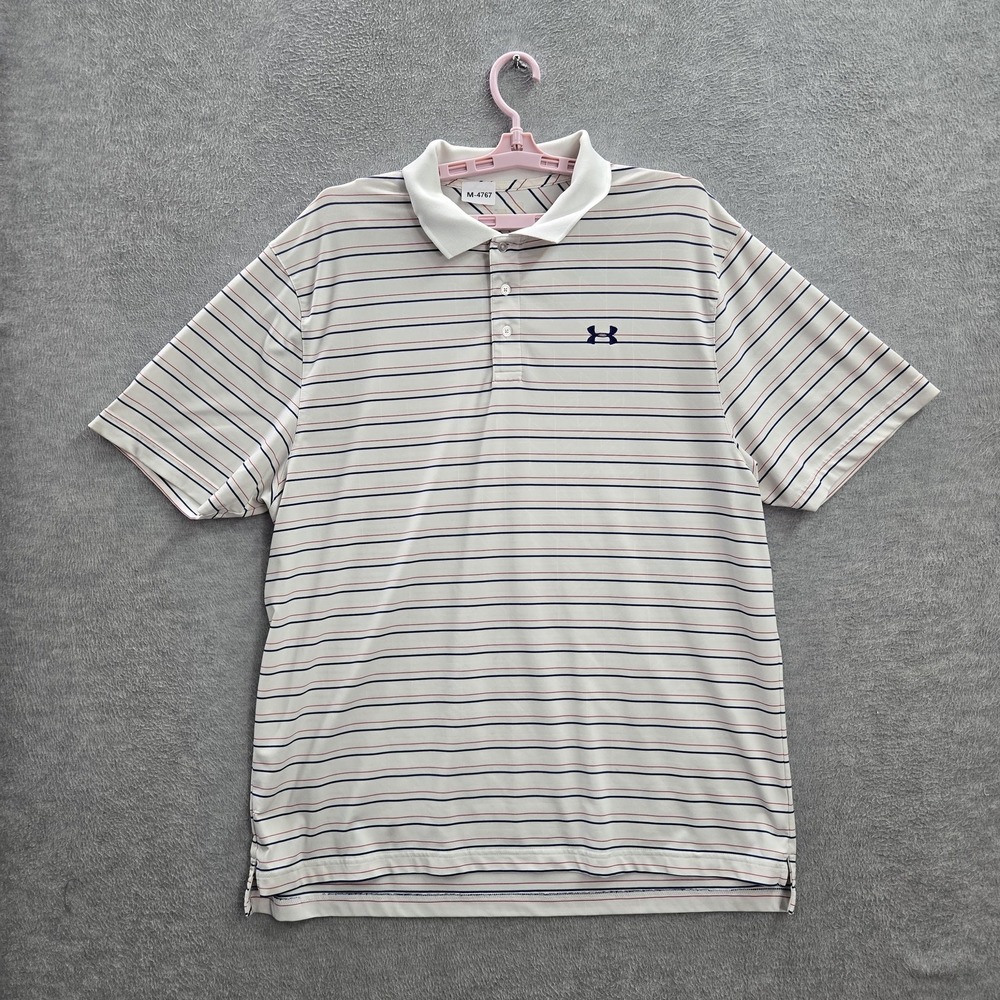 Under Armour Men Polo 2XL White Striped Logo Short Sleeve Elastane‎ Polyester